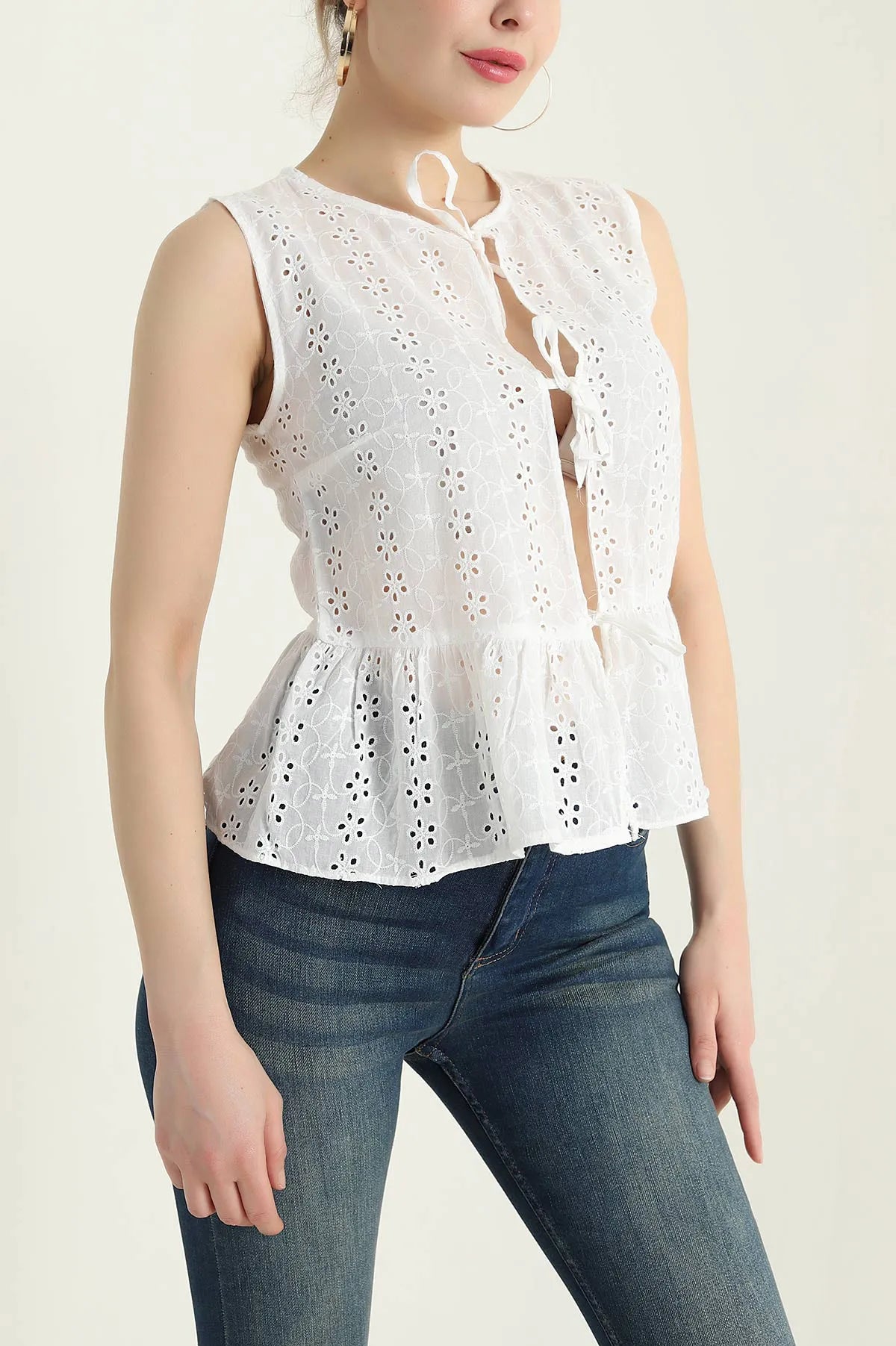 White Front Tie Women's Lace Blouse - Denoss