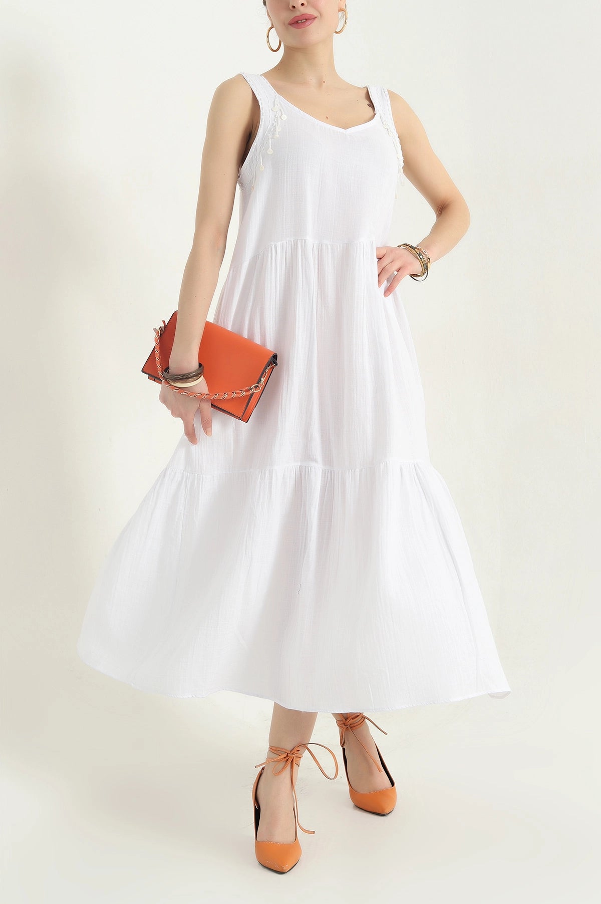 White Stone Embroidered Muslin Dress