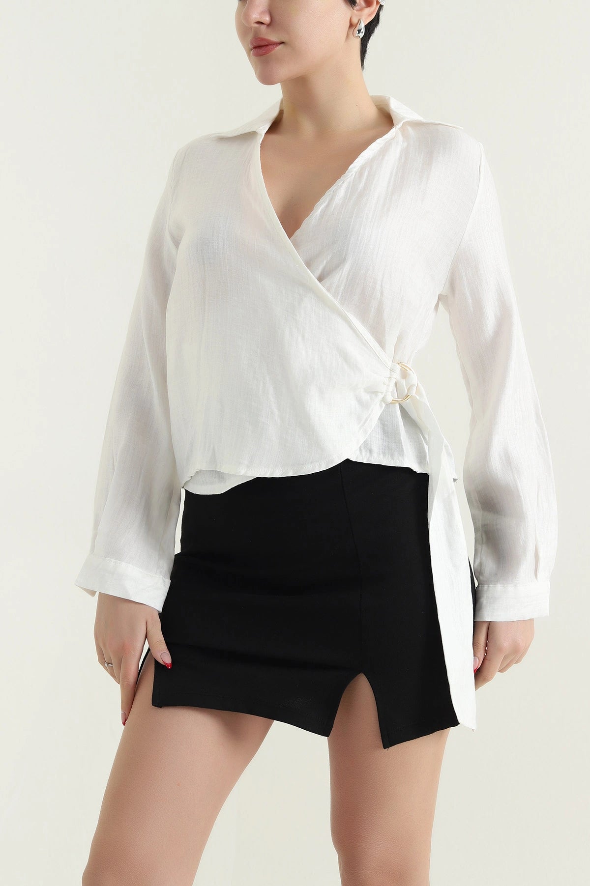 White Linen Women's Blouse with Side Tie - Denoss