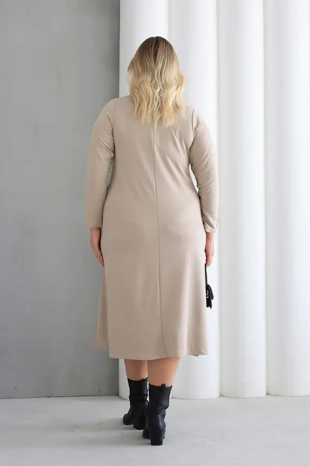 Beige Crew Neck A-Line Knitted Oversize Viscose Dress with Pockets - Denoss