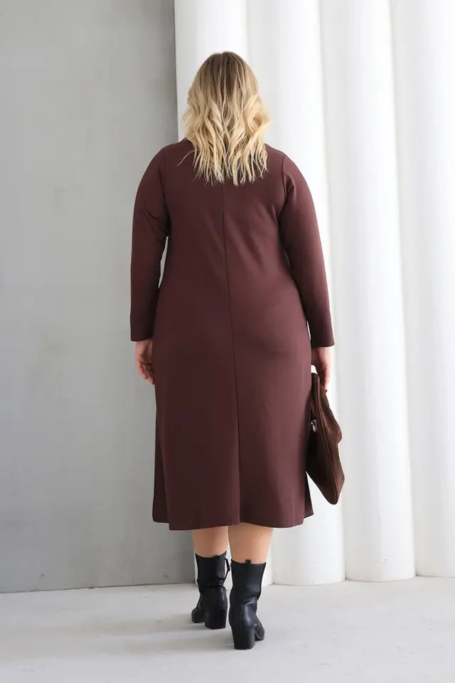 Coffee Crew Neck A-Line Knitted Oversize Viscose Dress with Pockets - Denoss