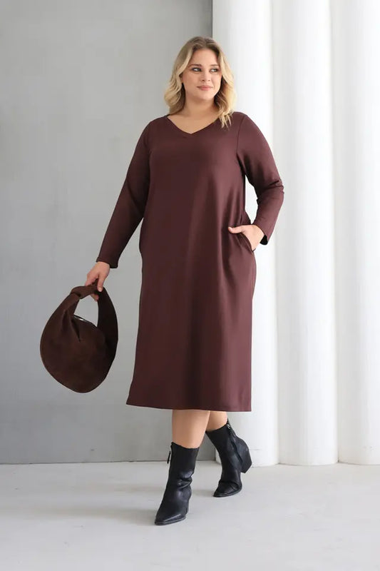 Coffee Crew Neck A-Line Knitted Oversize Viscose Dress with Pockets - Denoss