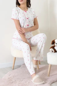 White Crew Neck Floral Ruffle Suit - Denoss
