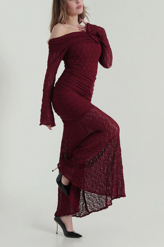 Burgundy Slit Sleeve Lace Women's Dress