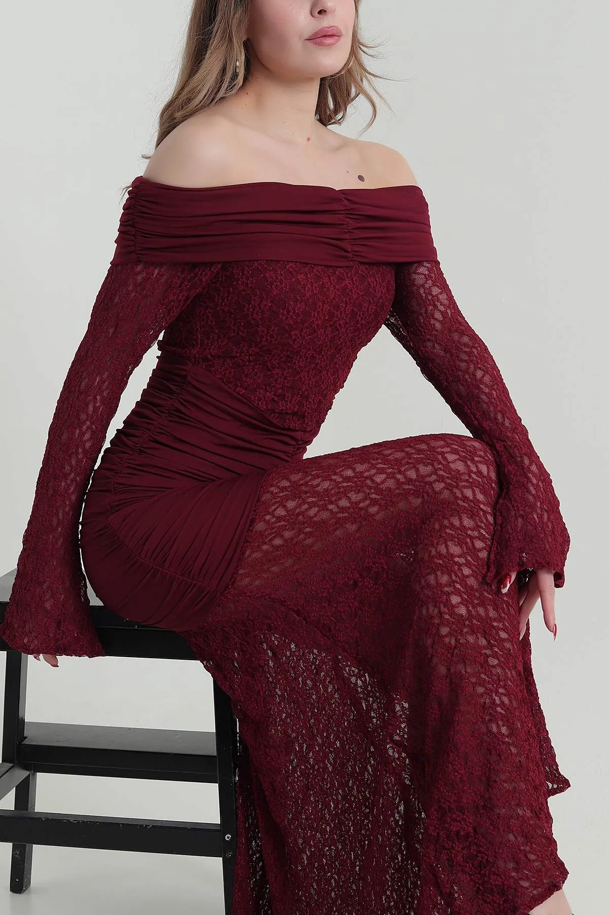 Burgundy Slit Sleeve Lace Women's Dress