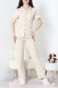 Beige Bears Crepe Fabric Ruffled Shorts Pajama Set - Denoss
