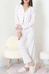 White V Neck Floral Ruffle Suit - Denoss