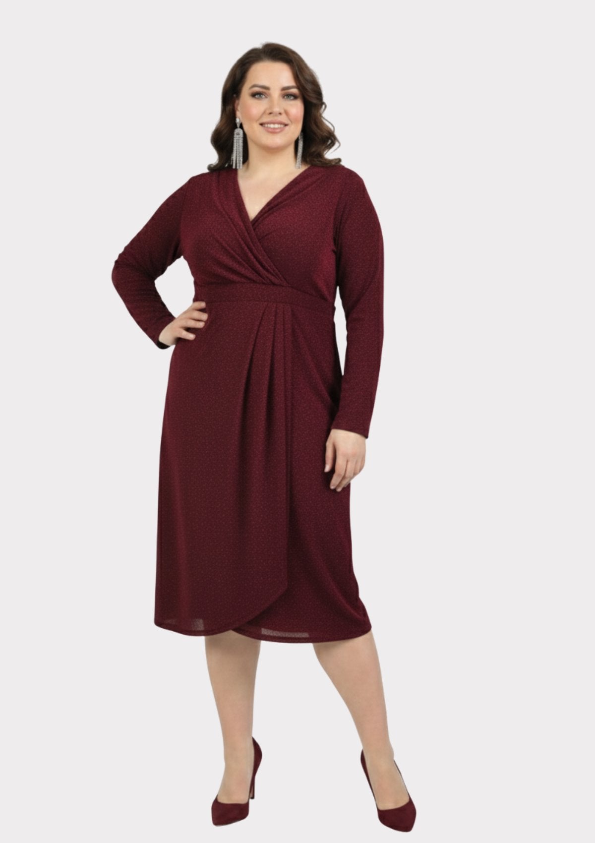 Plus Size Burgundy Wrap Neckline Lycra Glitter Evening Dress - Denoss