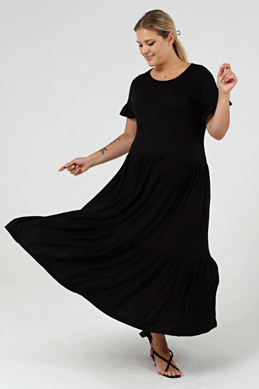 Plus Size Gathered Block Ruffle Sleeve Black Dress
