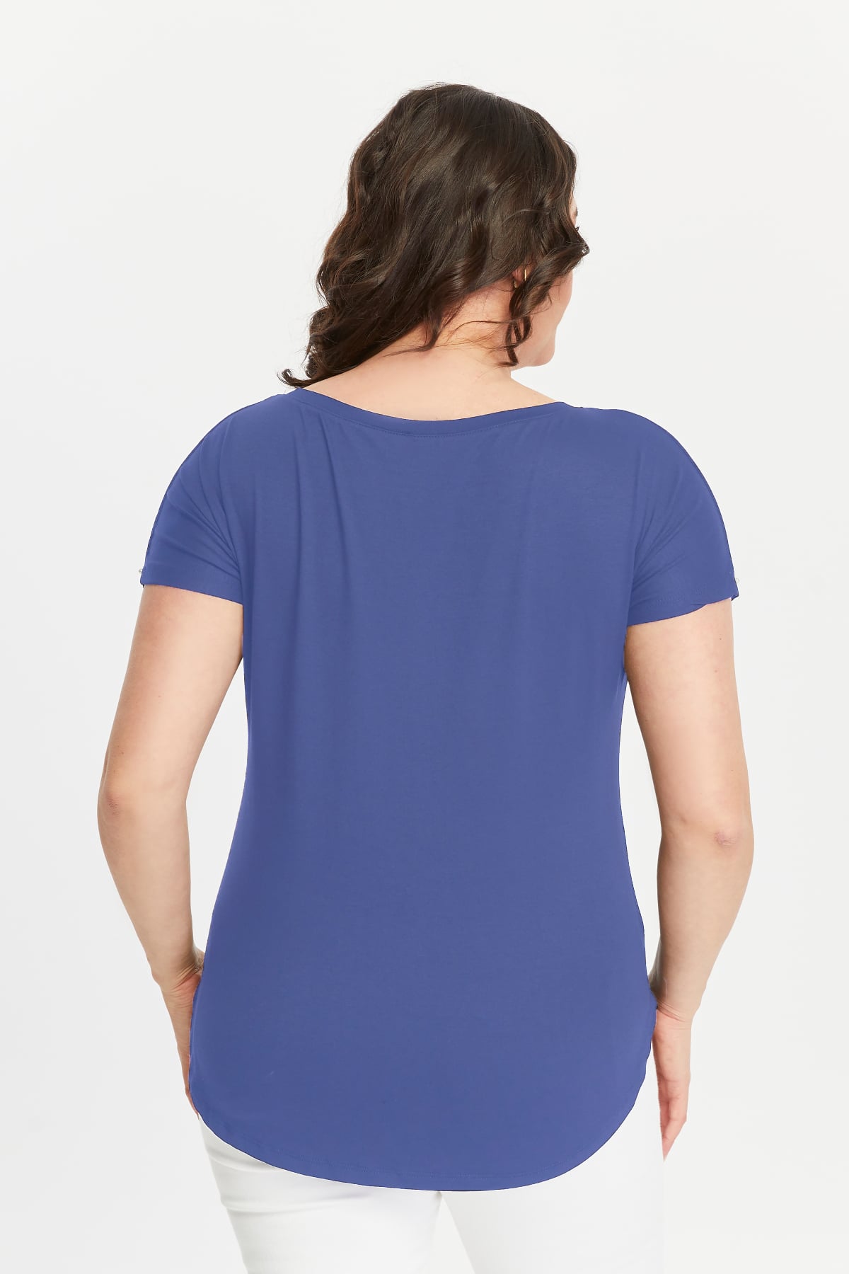 Wide V-Neck Plus Size Short Sleeve Indigo Blouse