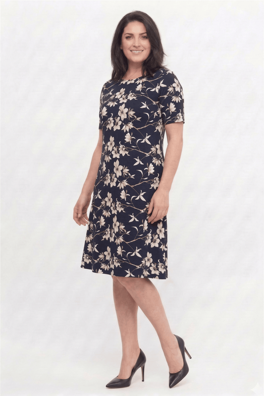 Plus Size Cream Floral Round Neck Short Sleeve Viscose Dress