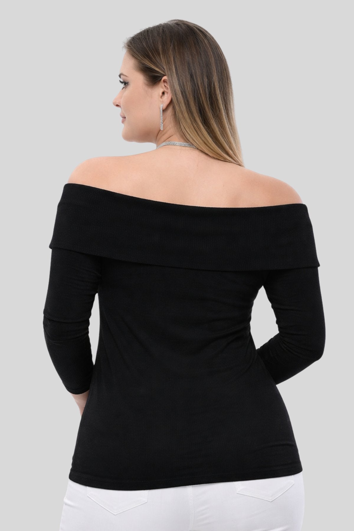 BLACK Plus Size Madonna Collar Lycra Ribbed Blouse - Denoss