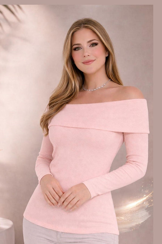 PINK Plus Size Madonna Collar Lycra Ribbed Blouse - Denoss