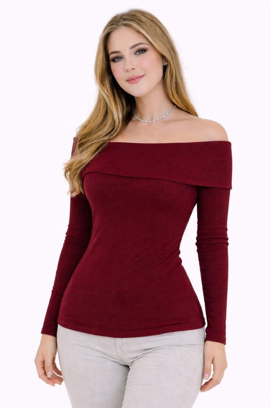BURGUNDY Plus Size Madonna Collar Lycra Ribbed Blouse - Denoss