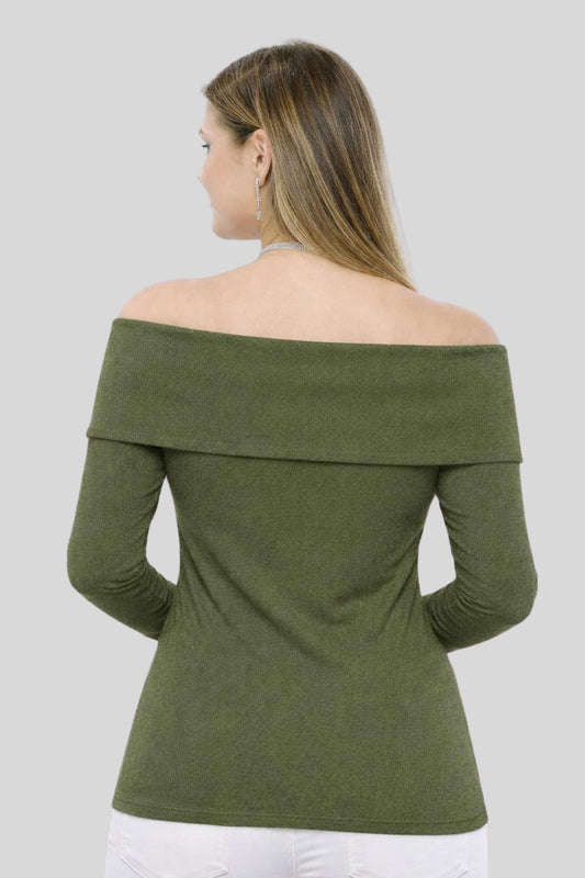 KHAKI Plus Size Madonna Collar Lycra Ribbed Blouse - Denoss