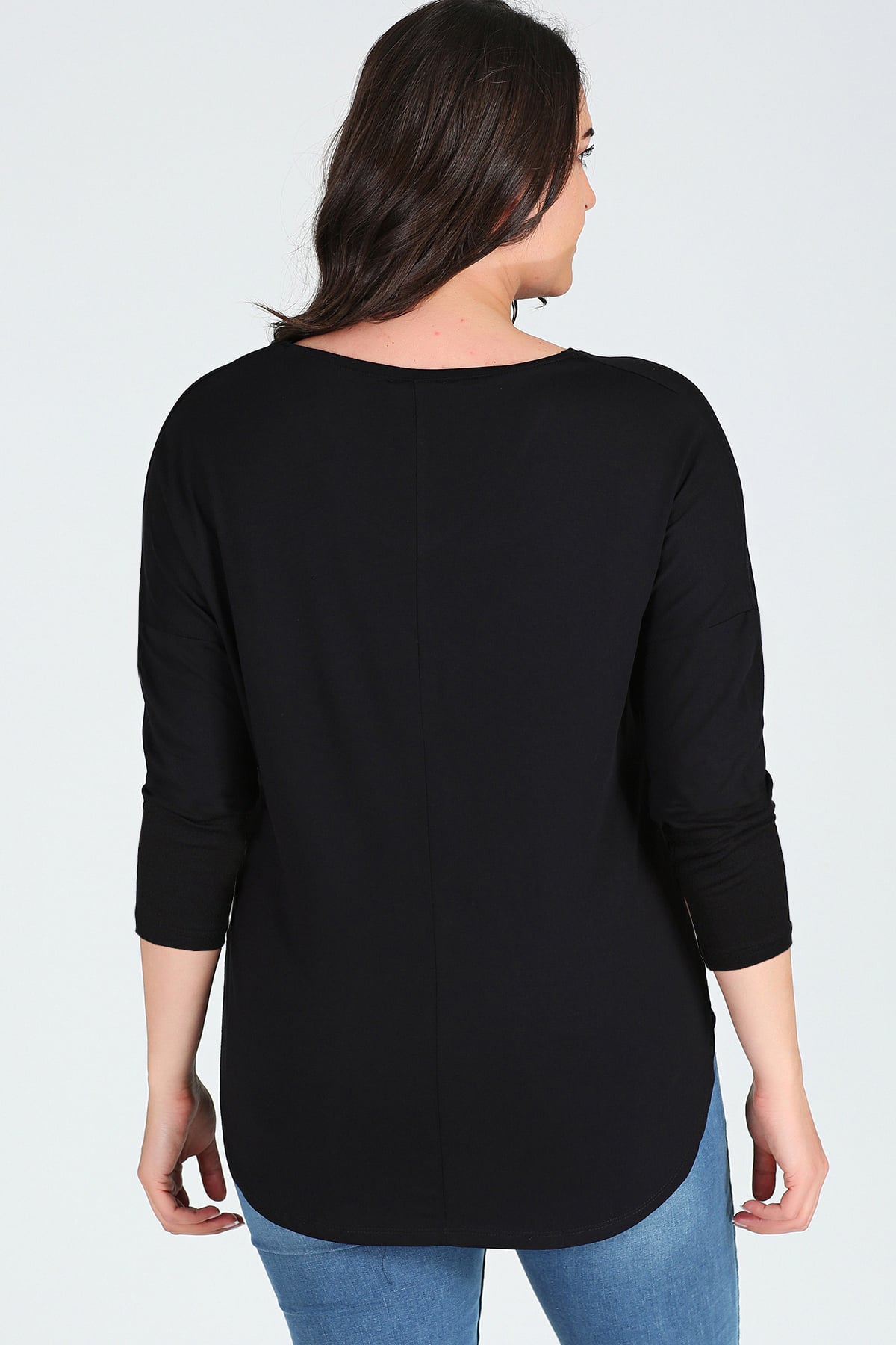 Plus Size V-Neck Long Sleeve Slit Heathered Viscose Black Blouse