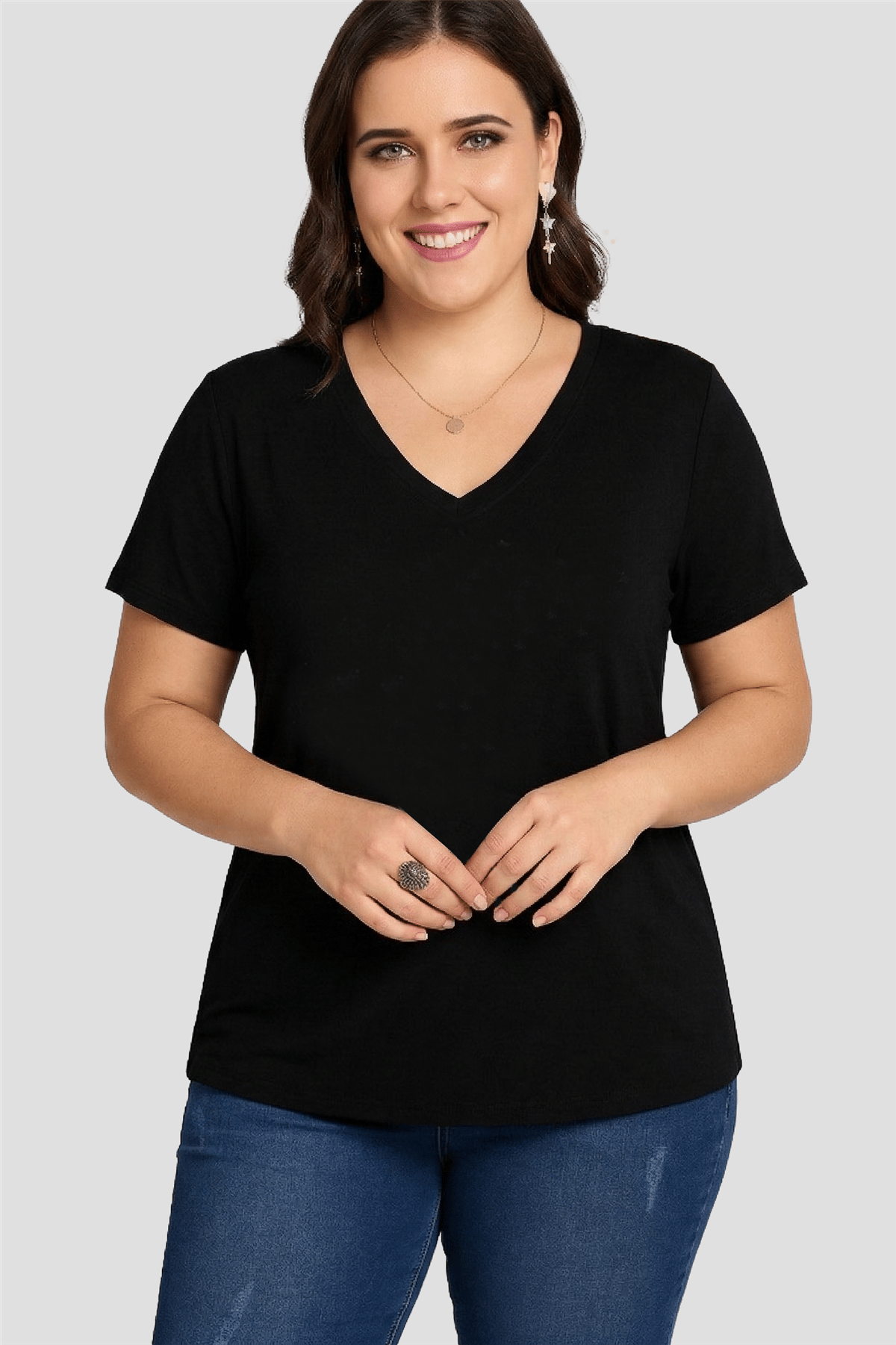 Plus Size V-Neck Short Sleeve Wide Skirt Black Blouse
