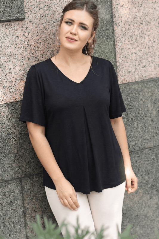 Plus Size V-Neck Front Pleated Short Sleeve Black Blouse
