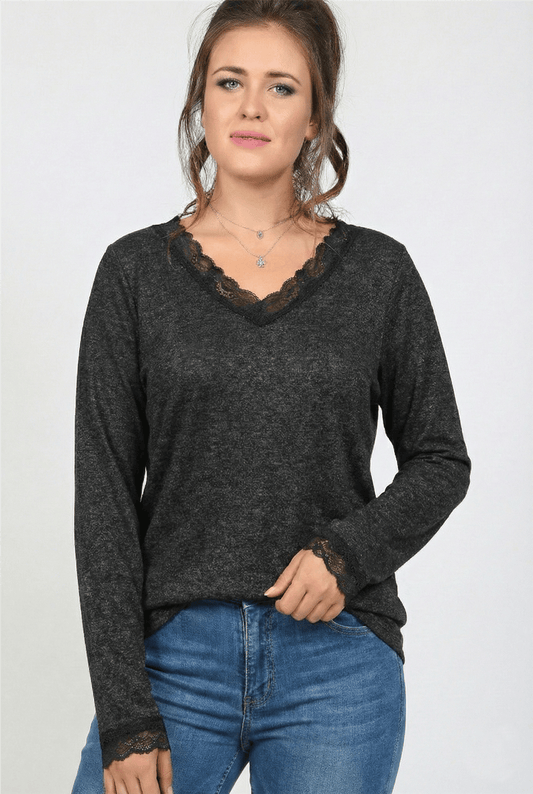 V-Neck Plus Size Long Sleeves Anthracite Blouse with Lace Neckline and Cuffs
