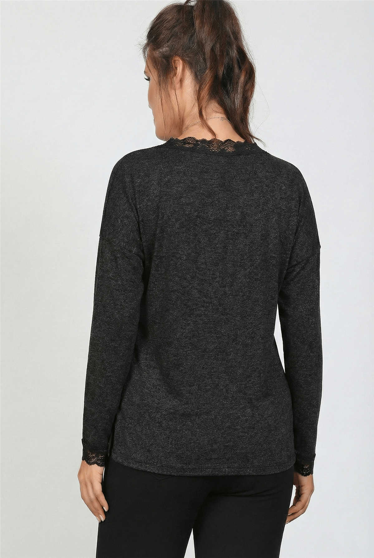 V-Neck Plus Size Long Sleeves Anthracite Blouse with Lace Neckline and Cuffs