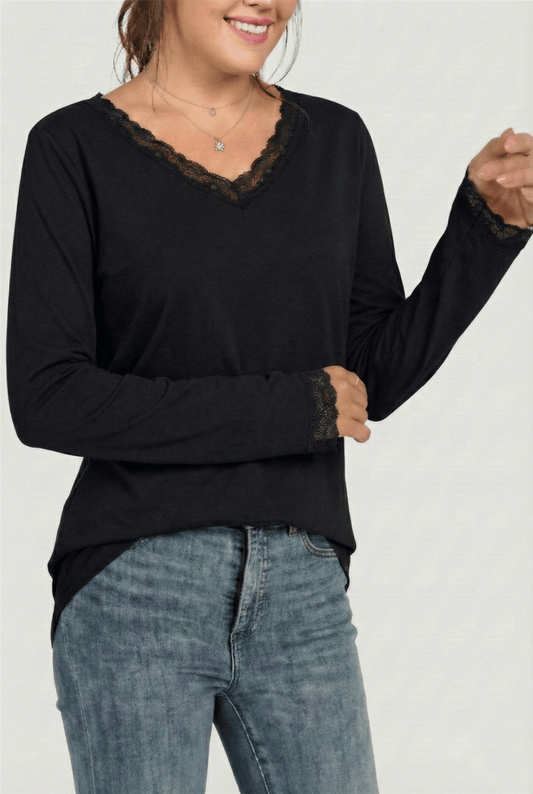 V-Neck Plus Size Long Sleeves Black Blouse with Lace Neckline and Cuffs