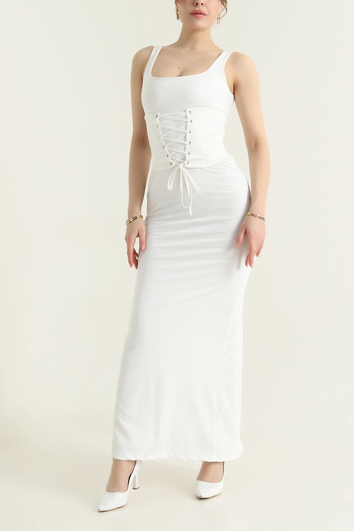 Ecru Eyelet Lace Up Underwire Sandy Women's Dress