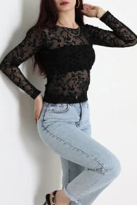 Floral Flock Printed Tulle Black Blouse - Denoss