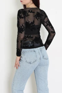 Black Floral Flock Printed Tulle Blouse - Denoss