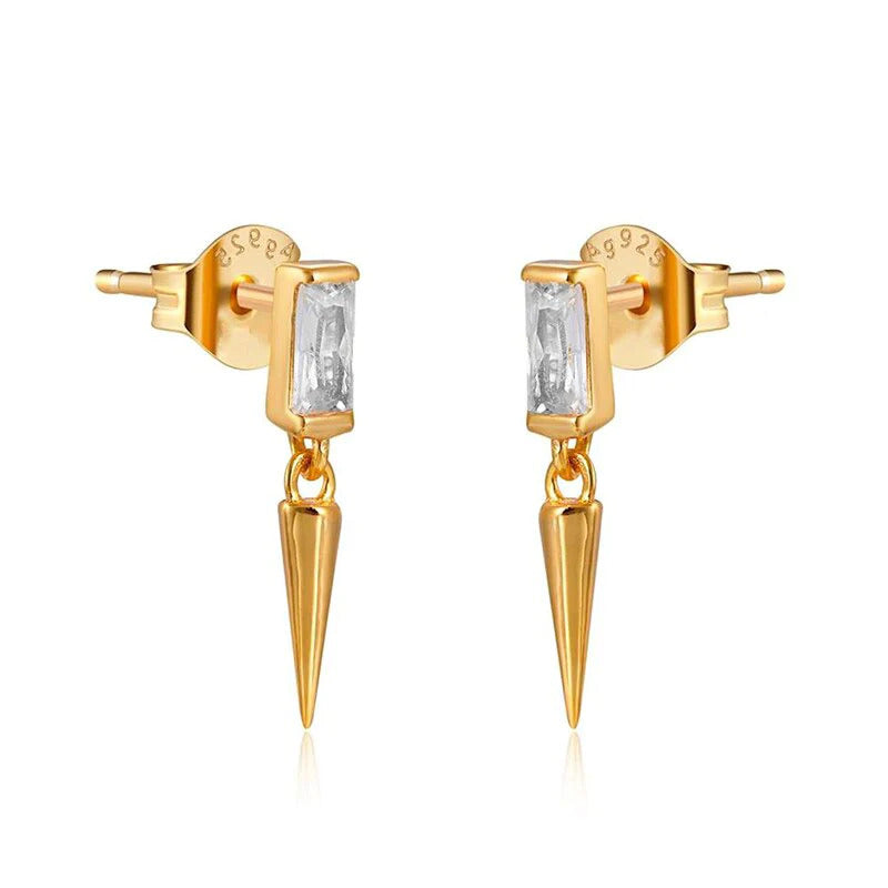 Dainty Baguette CZ Stud Earrings With Dangling Spike Charm