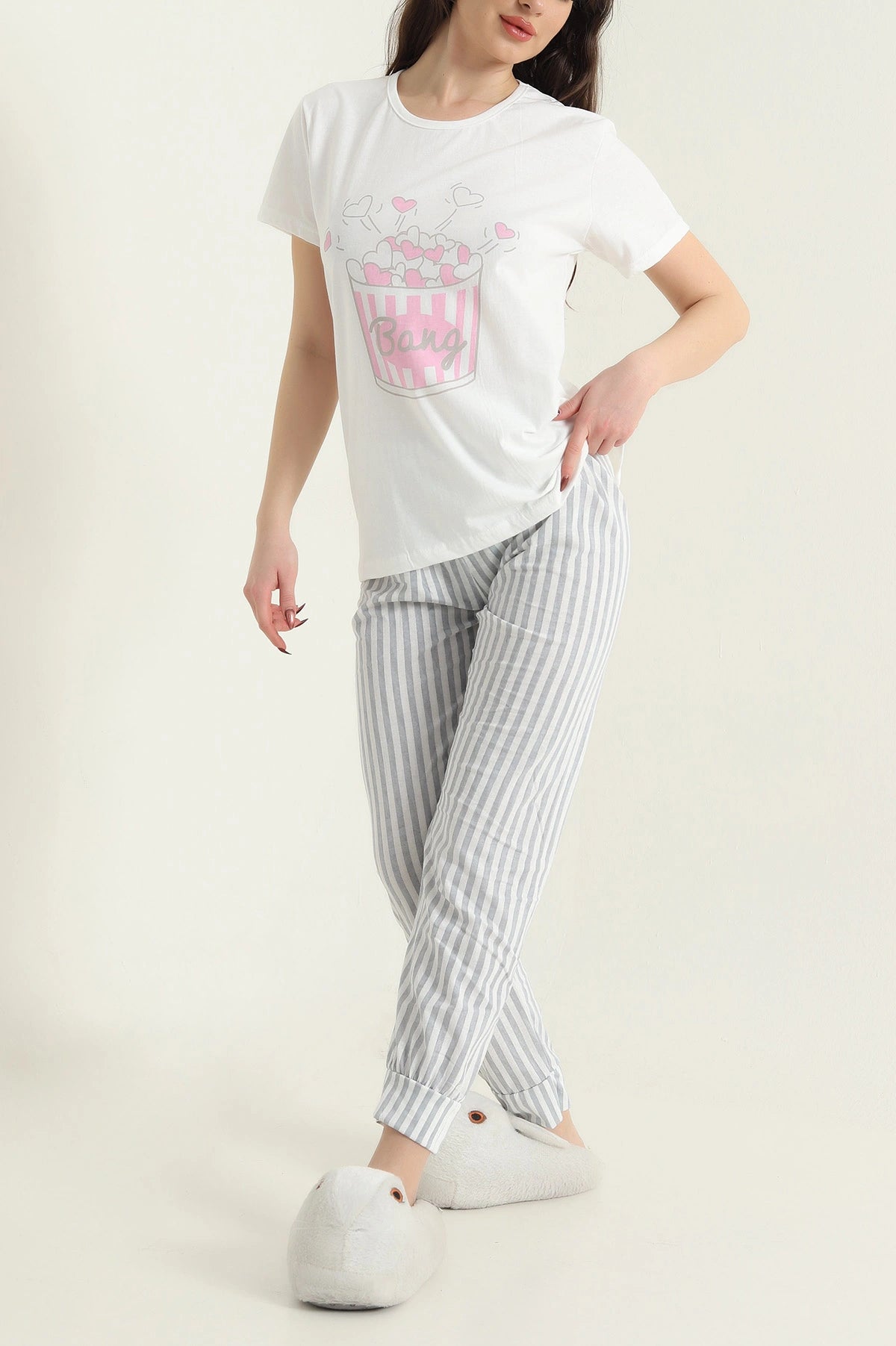 Gray Short Sleeve Single Jersey Women's Pajama Set - Denoss