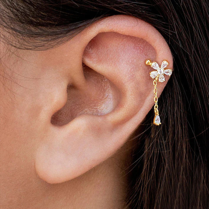Dainty Flower CZ Dangling Chain Drop Hoop Earrings