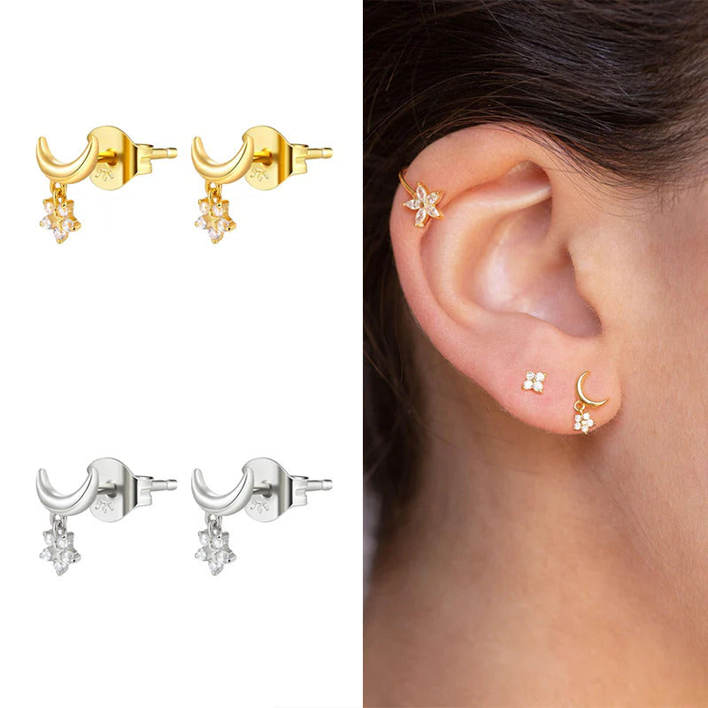 Dainty Crescent Moon With Dangling CZ Star Shaped Charm Stud Earrings