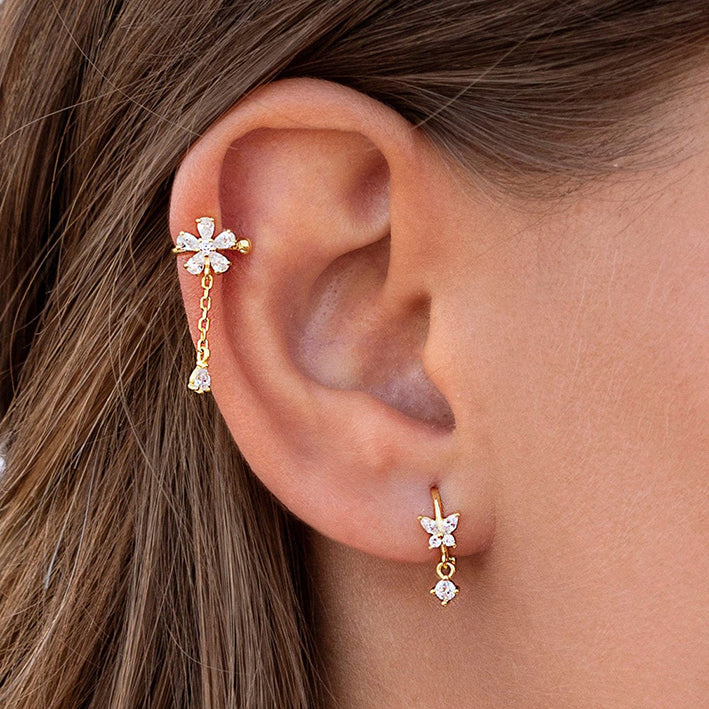 Dainty Flower CZ Dangling Chain Drop Hoop Earrings