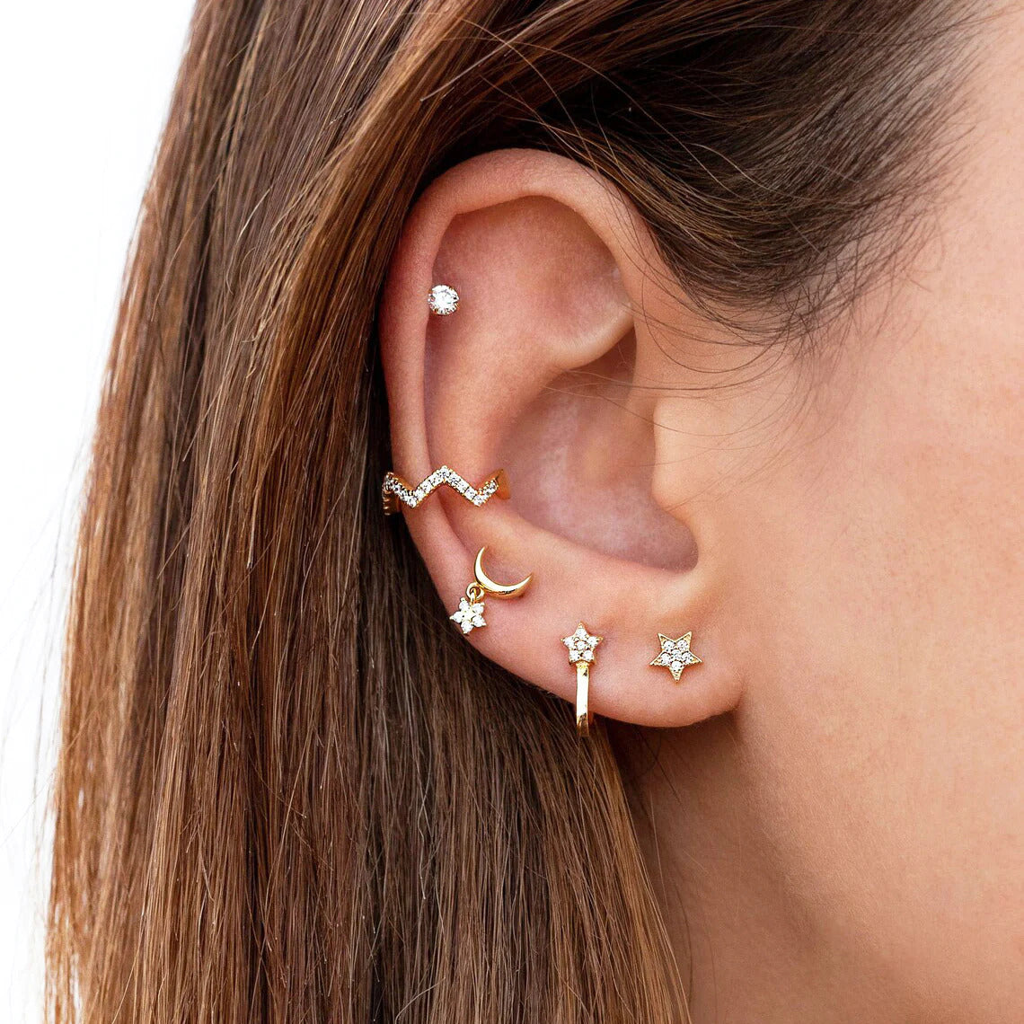 Dainty Crescent Moon With Dangling CZ Star Shaped Charm Stud Earrings