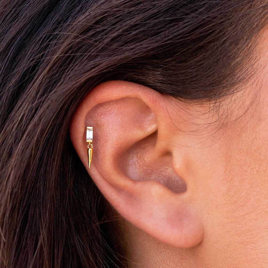 Dainty Baguette CZ Stud Earrings With Dangling Spike Charm