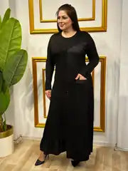 Plus Size Black Leather and Stone Detail Special Design Dress - Denoss