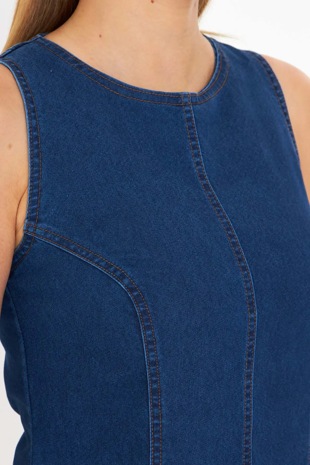Women's Navy Blue Body-Fitting Denim Flared Dress - Denoss