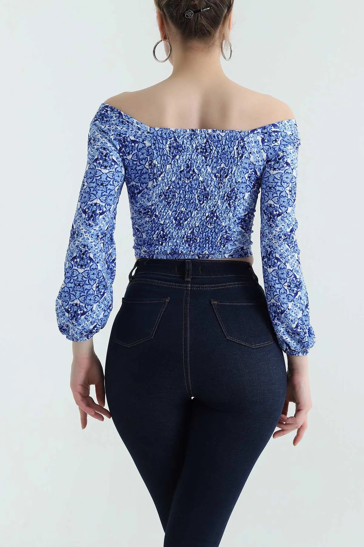 Indigo Crinkle Patterned Women's Blouse - Denoss
