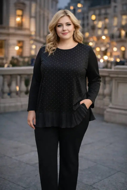 Crystal Fabric Black Blouse with Pleated Hem and Stone Embellishments - Denoss