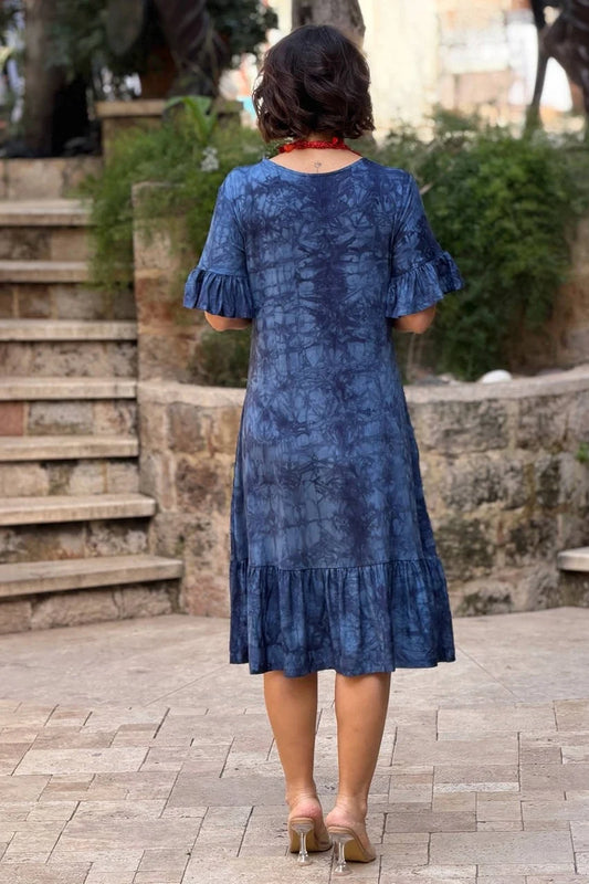 Navy Plus Size Cotton Batik Dress with Ruffled Skirt - Denoss