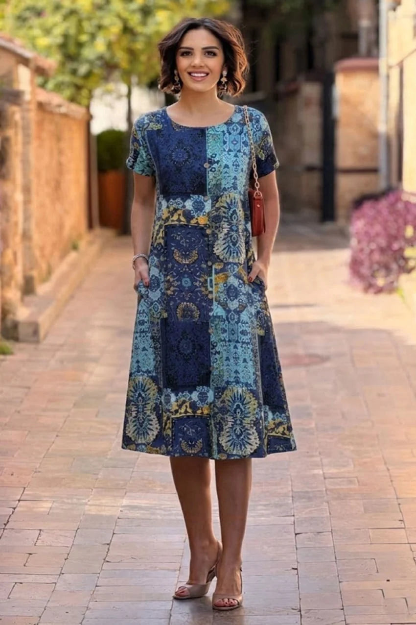 Blue Patch Round Neck Plus Size Dress - Denoss
