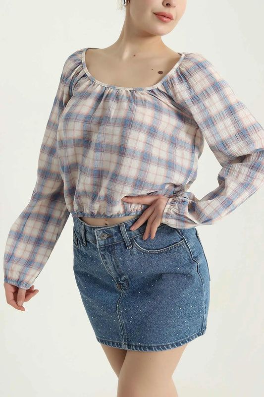 Blue Plaid Blouse for Women - Denoss