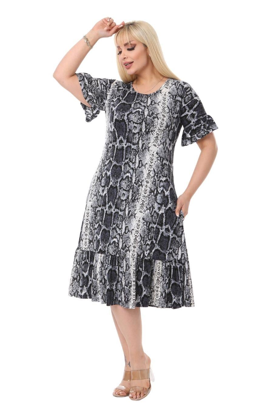Gray Snake Skin Pocket Ruffle Short Sleeve Women's Midi Plus Size Dress - Denoss