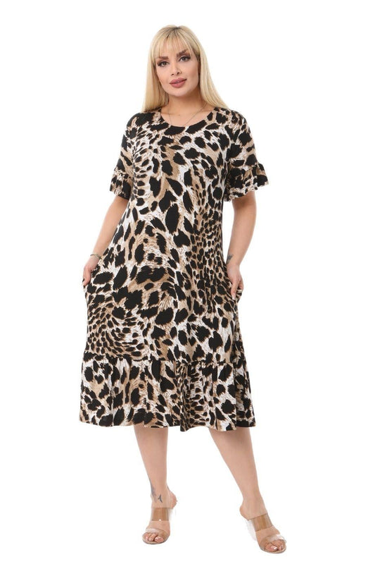 Tiger Pocket Ruffle Short Sleeve Women's Midi Plus Size Dress - Denoss