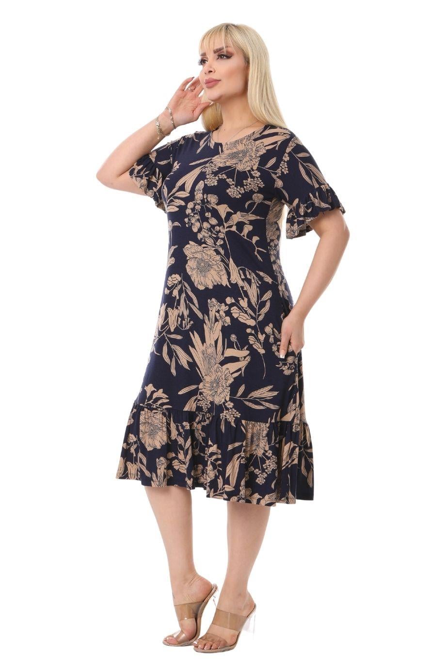 Navy Palm Ruffle Short Sleeve Women's Midi Plus Size Dress - Denoss