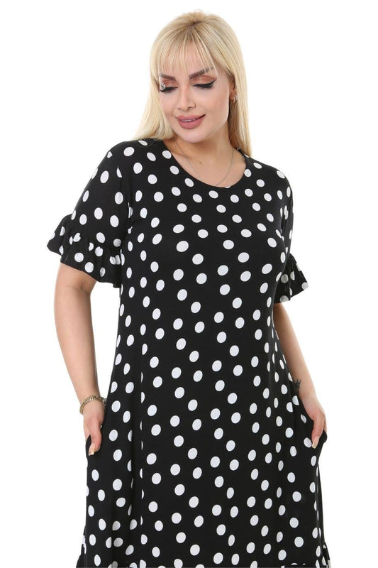 Polka Dot Pattern Pocket Ruffle Short Sleeve Women's Midi Plus Size Dress - Denoss