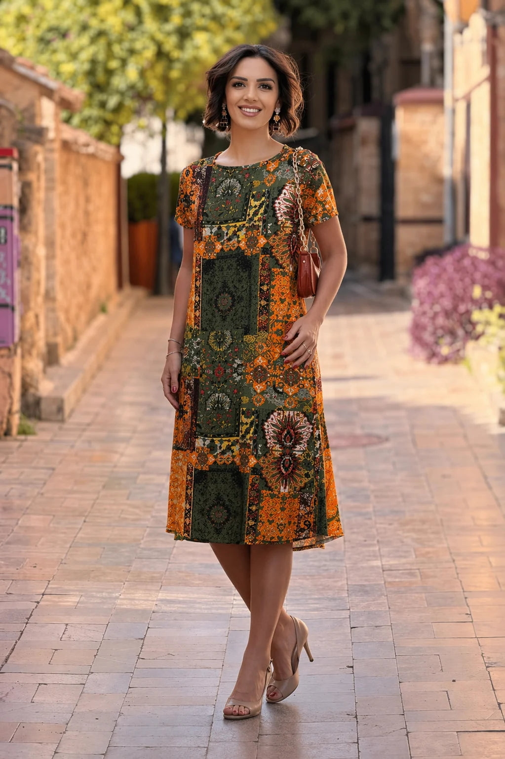 Orange Patch Round Neck Plus Size Dress - Denoss