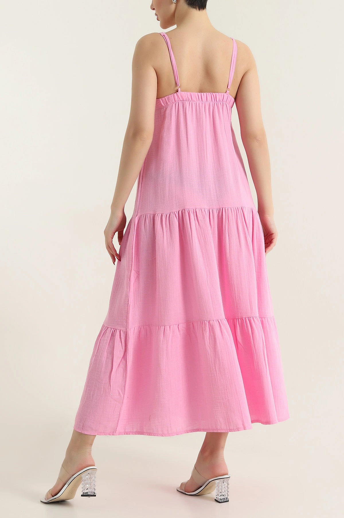 Pink Thread Strap Muslin Linen Women's Dress