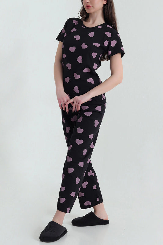 Black Short Sleeve Single Jersey Women's Pajama Set - Denoss