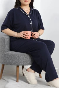 Navy Single Jersey Plus Size Buttoned Pajama Set - Denoss